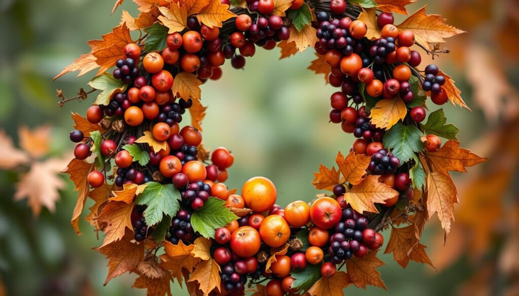 Herbstkranz mit Hagebutten, Ligusterbeeren und Zierapfel
